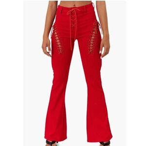 Edikted Red Lace-Up High Rise Hipster‎ Festival Y2K Fitted Flare Jeans Sz S